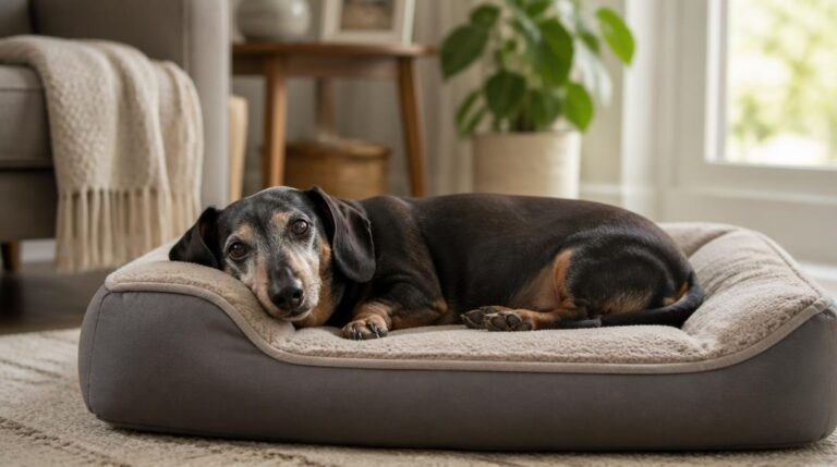 Senior dachshund resting on an orthopedic dog bed