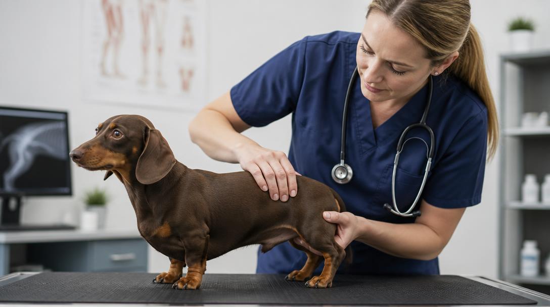 A veterinarian gently examining the hips of a dachshund in a bright veterinary clinic.