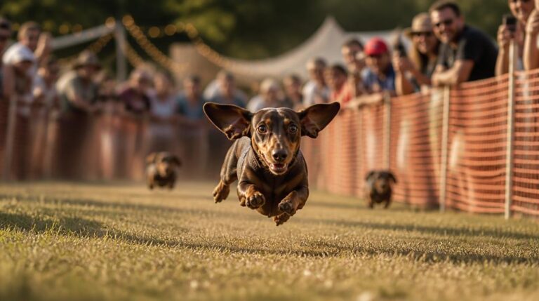 Dachshund sprinting toward the camera at an outdoor wiener dog race with cheering spectators along the fence