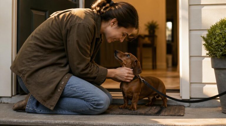 A woman kneeling to greet a rescue dachshund on a leash at her front door for the first time