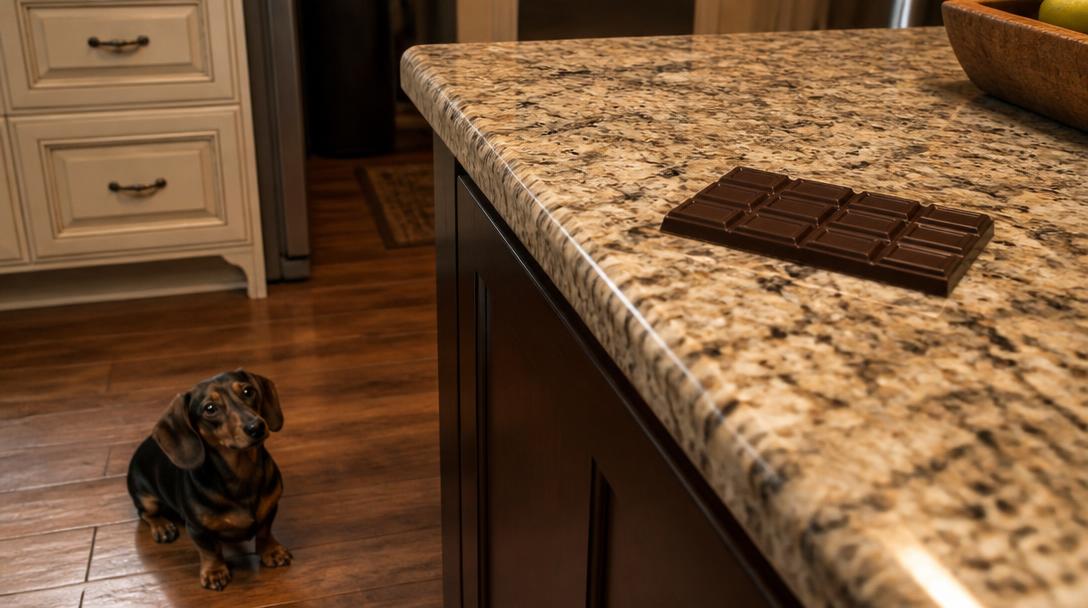 A bar of chocolate sits safely out of reach on a kitchen counter while a dachshund waits on the floor below