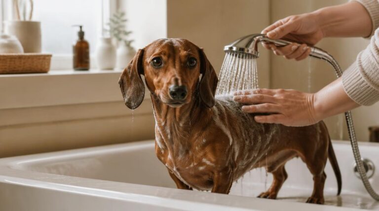 Smooth-coat dachshund being gently rinsed in a bathtub during bath time