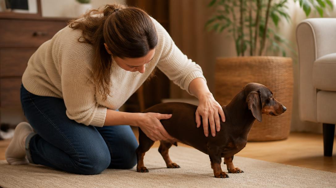 Dachshund owner checking their dog's weight and body condition at home as part of long-term preventive health care