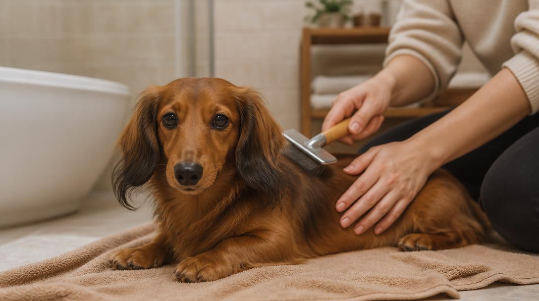 Long-haired dachshund lying on a towel being brushed and detangled before a bath