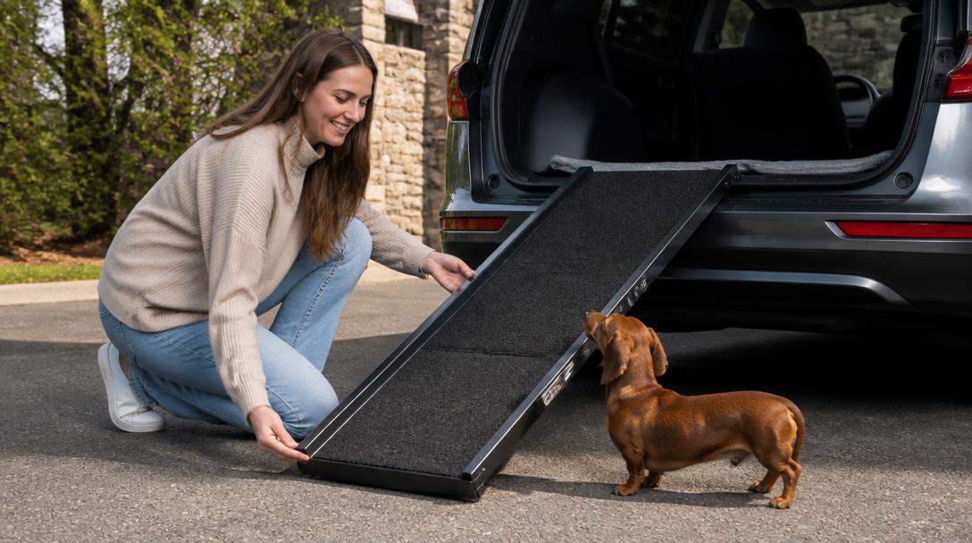 Woman placing a foldable dog ramp against the back of an SUV for a dachshund to climb in
