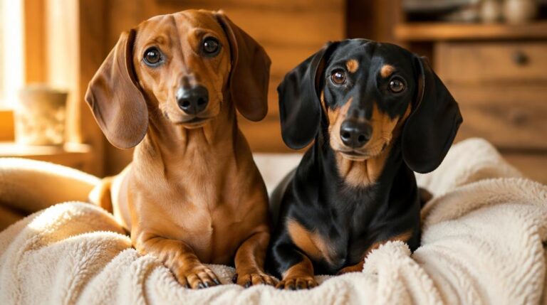 A red dachshund and a black and tan dachshund sitting side by side, showing two of the different dachshund coat colors and patterns