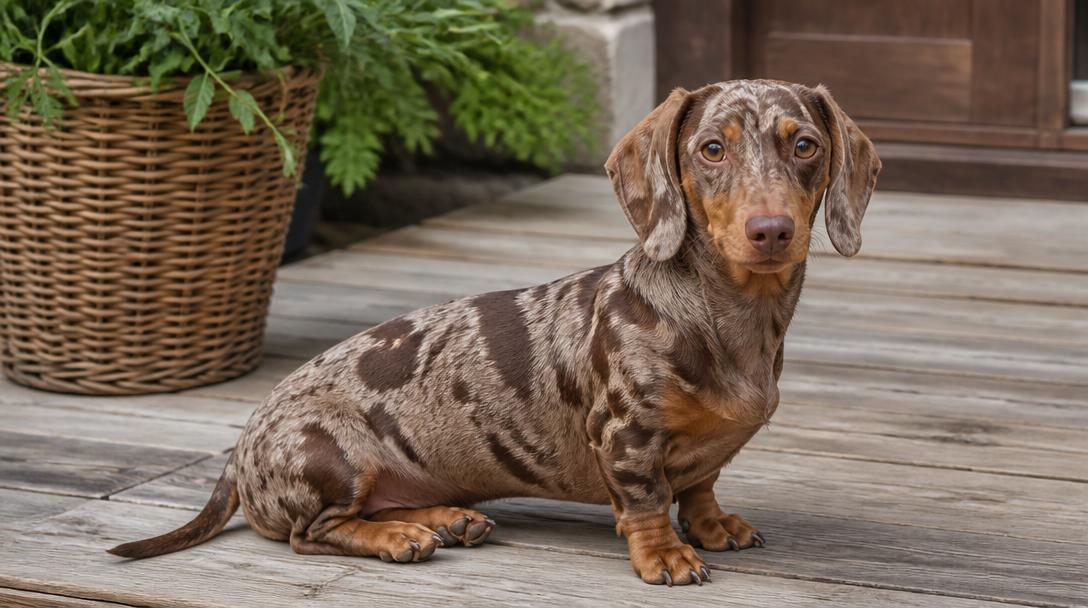 A dachshund with a dapple merle coat pattern of mottled gray and brown patches