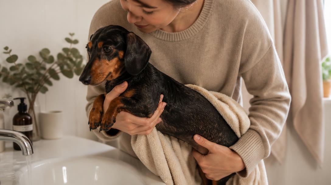 Owner supporting a dachshund's chest and hindquarters while lifting it from the sink after a bath