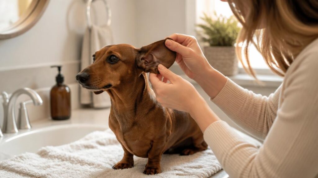 Woman gently checking inside her dachshund's floppy ear on a bathroom counter