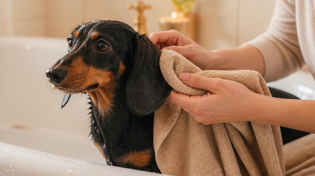 Drying a dachshund's ear with a towel after a bath to prevent moisture-related ear infections