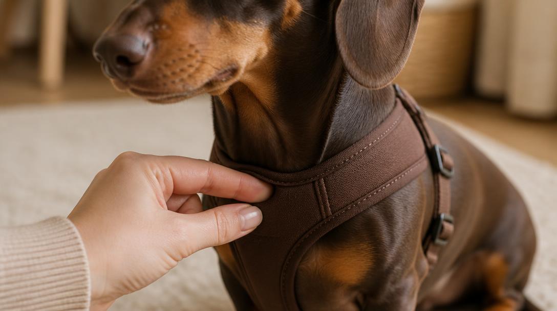 A hand checking the fit of a brown step-in harness on a dachshund by sliding two fingers under the strap