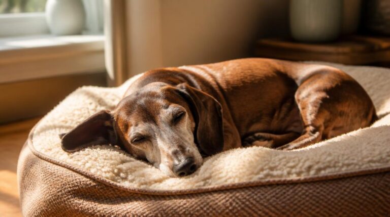 Senior dachshund with a graying muzzle resting peacefully in a sunlit dog bed, illustrating a long, healthy dachshund lifespan