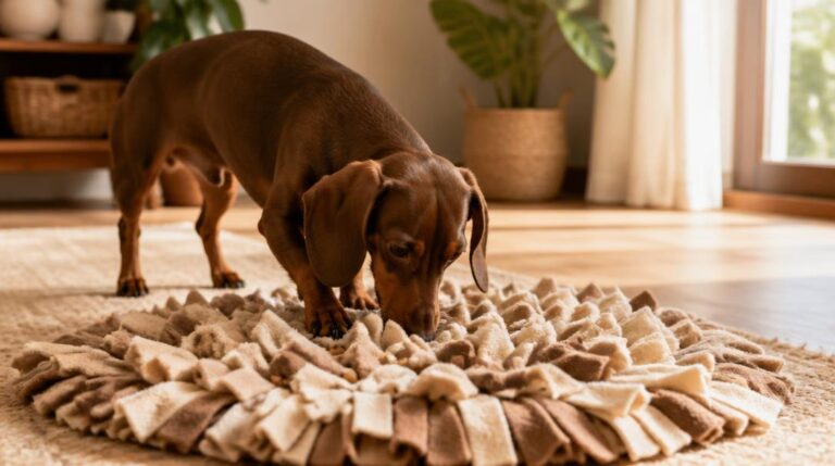 Dachshund sniffing intently at a snuffle mat filled with hidden treats on a living room floor