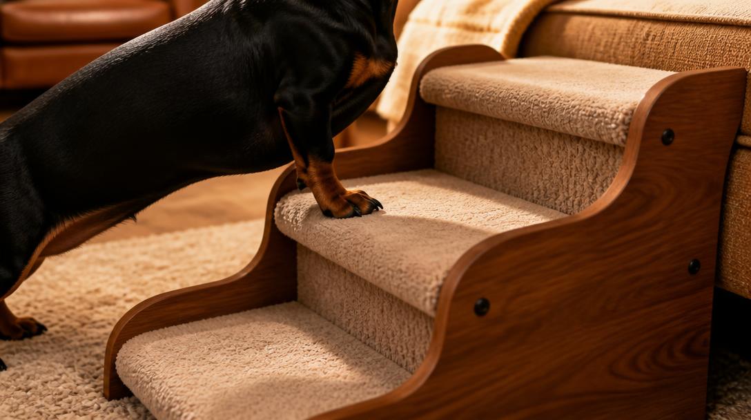 Close-up of a dachshund's paws stepping onto a wooden pet staircase with carpeted treads leading to a couch