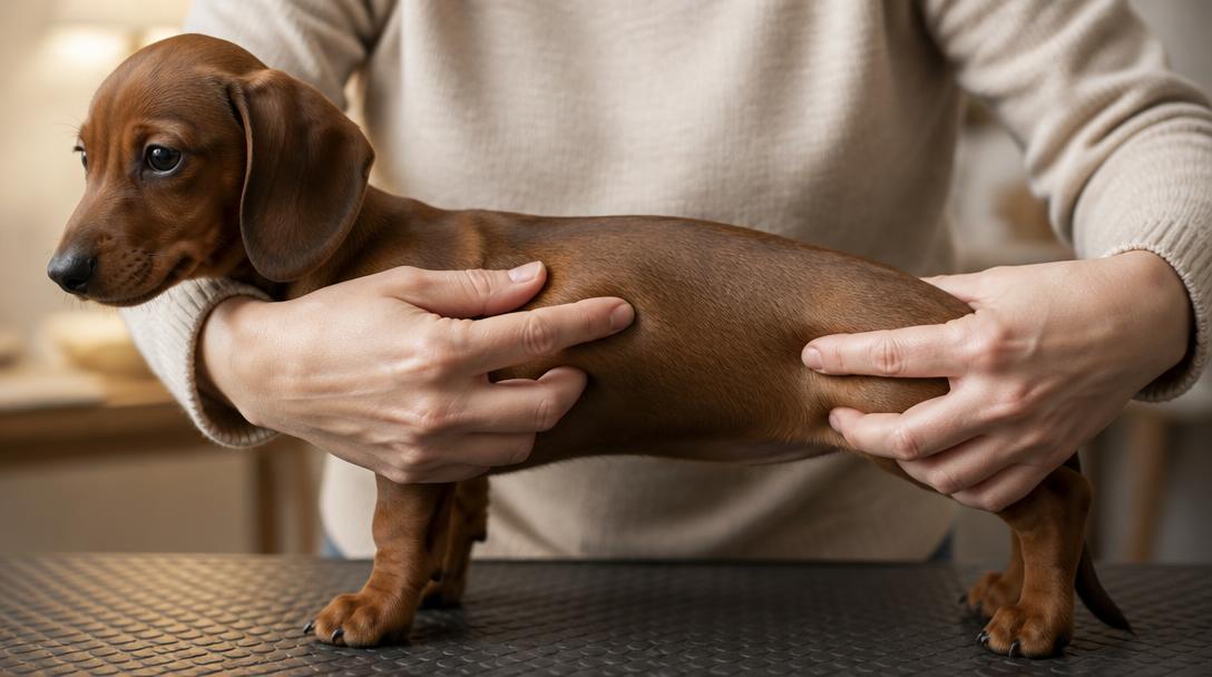 An owner gently feels a dachshund puppy's ribs and waist to check a healthy body condition