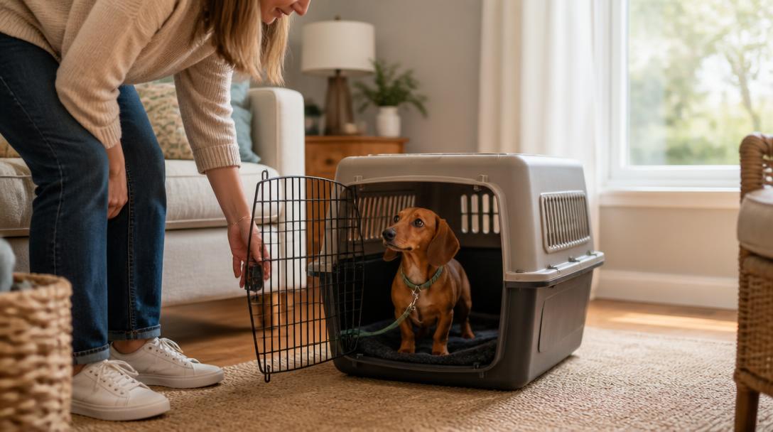 An owner opening the crate door for a dachshund puppy on a leash inside a cozy living room