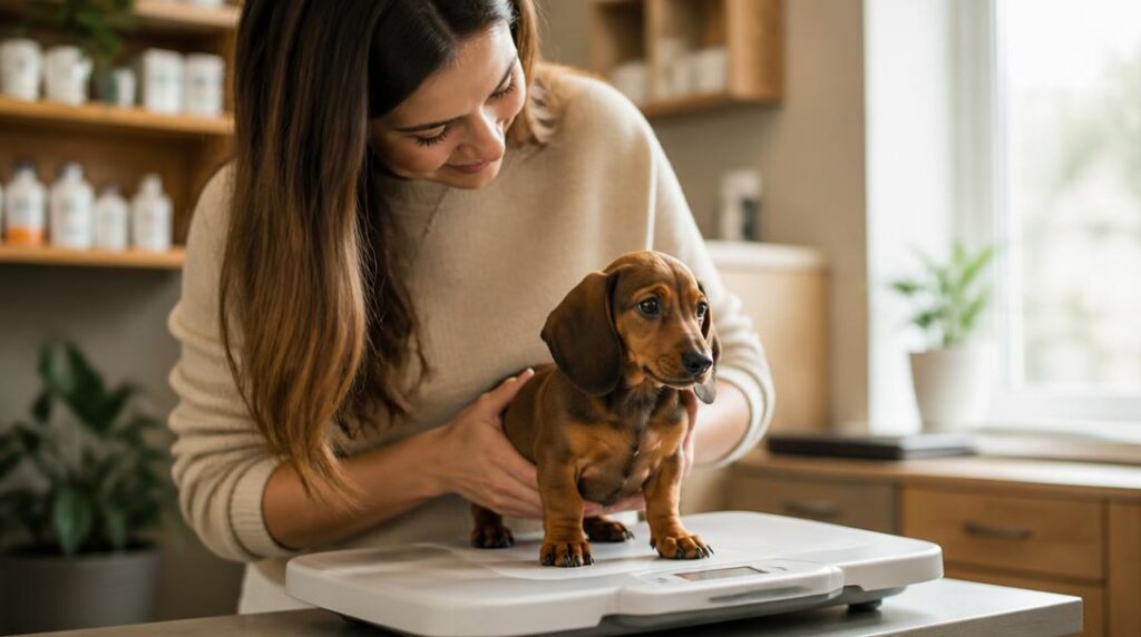 A woman gently weighs her dachshund puppy on a scale at the vet clinic to track healthy growth