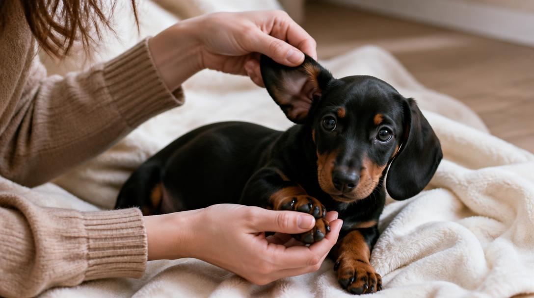 An owner gently checking a dachshund puppy ear and paws to build comfort with handling