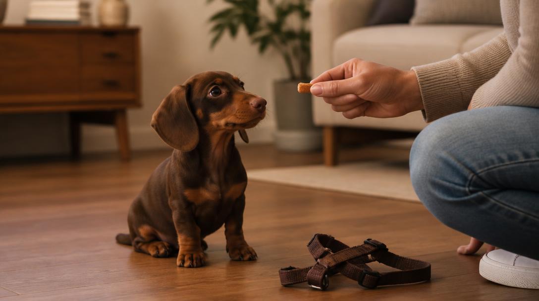 A dachshund puppy sitting calmly near an unbuckled harness while being offered a treat during a positive introduction