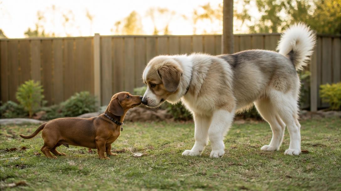 A small dachshund puppy politely sniffing noses with a calm, size-matched puppy during a supervised playdate