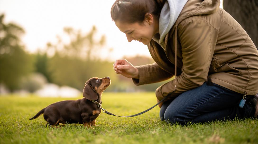 An owner kneeling to reward a dachshund puppy with a treat immediately after it goes potty outside on a leash