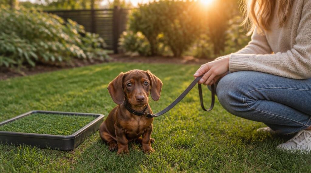 A dachshund puppy sitting on grass next to an outdoor potty training pad while its owner holds the leash at golden hour