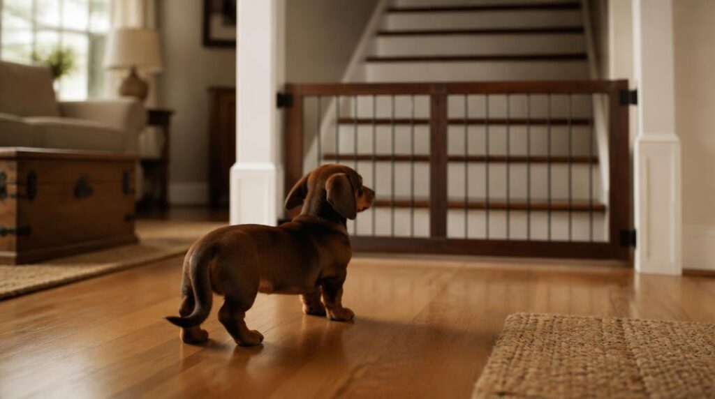 Dachshund puppy standing on a hardwood floor in front of a wooden baby gate blocking a staircase, illustrating home safety and puppy-proofing for dachshunds