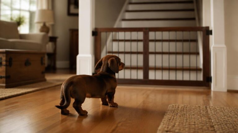 Dachshund puppy standing on a hardwood floor in front of a wooden baby gate blocking a staircase, illustrating home safety and puppy-proofing for dachshunds