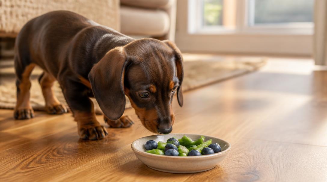 A dachshund puppy sniffs a small bowl of chopped green beans and blueberries on the floor