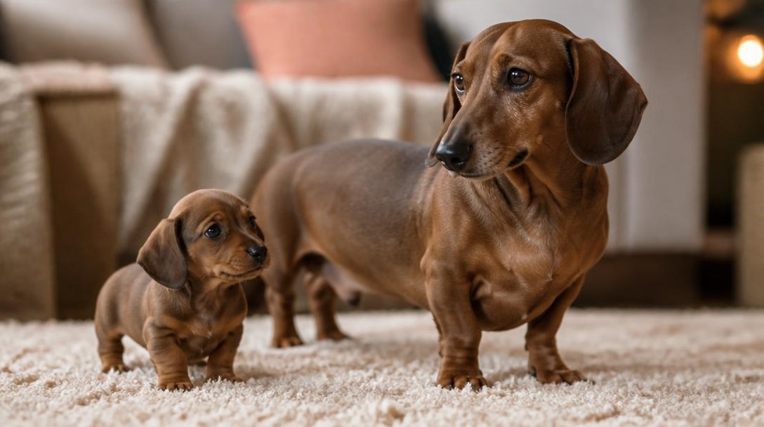 A tiny dachshund puppy stands next to a full-grown adult dachshund showing the size difference