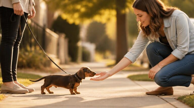 A kneeling stranger gently greets a dachshund puppy on a leash on a sunny sidewalk during a socialization outing