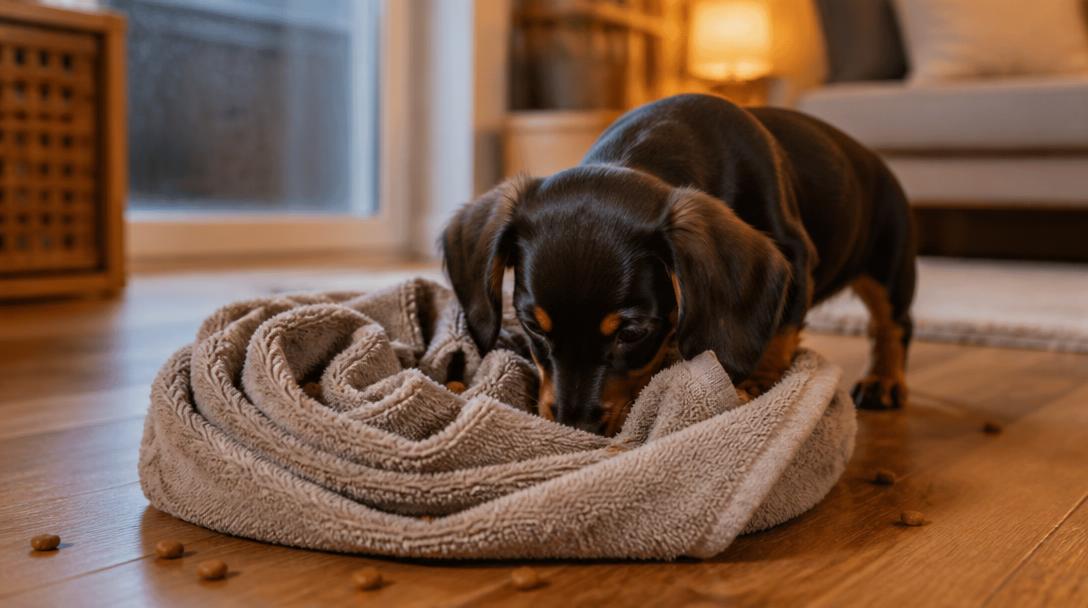 Dachshund puppy working a rolled towel treat-hiding puzzle on the floor indoors
