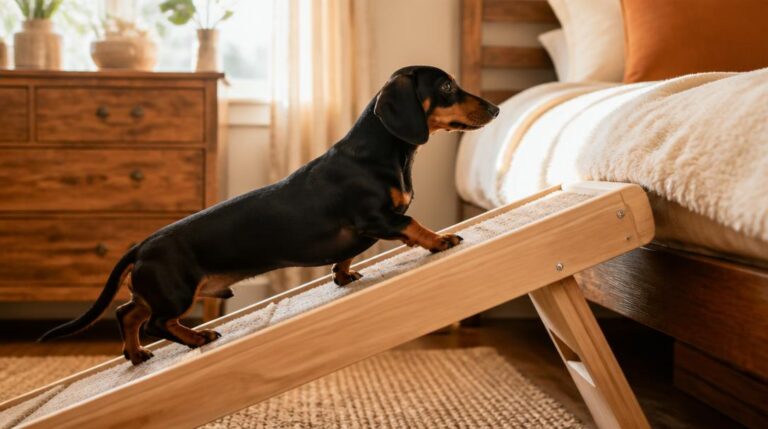 Smooth-coat dachshund walking up a wooden pet ramp to reach a bed in a warm, sunlit bedroom