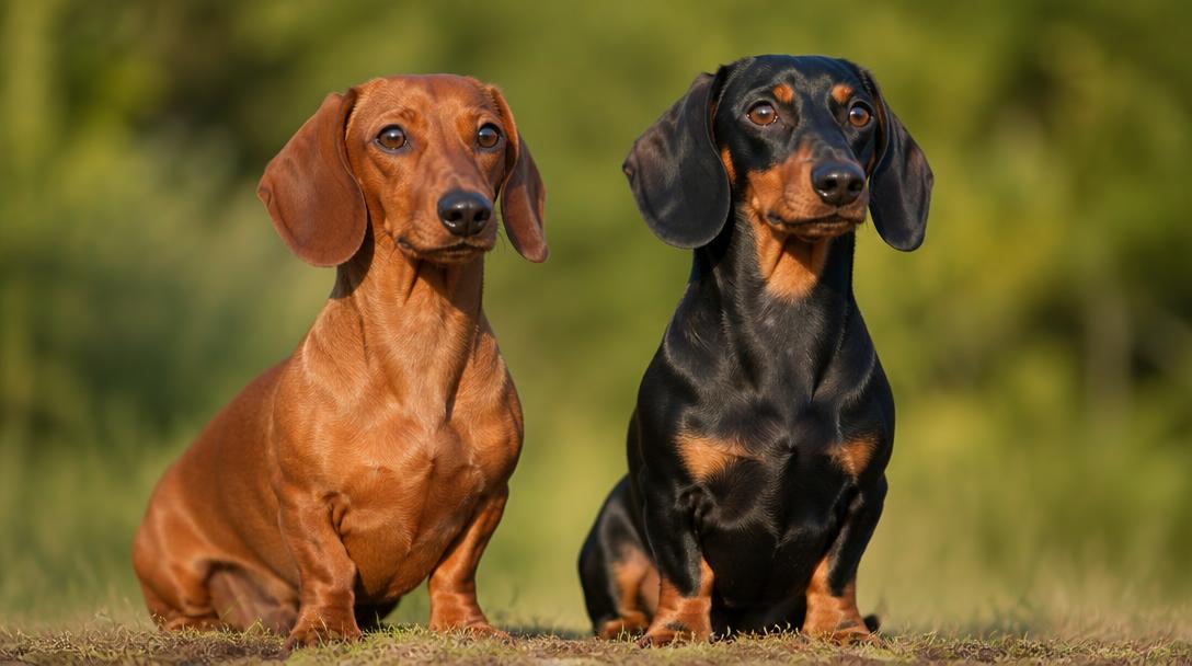 Two dachshunds side by side showing a red coat and a black and tan coat