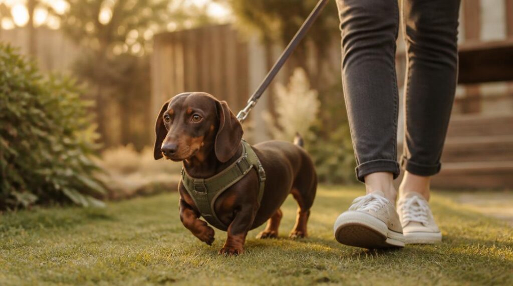 A dachshund walking calmly on a leash and harness across a grassy backyard, demonstrating safe low-impact exercise for a dog prone to back problems
