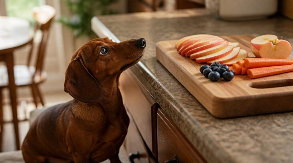 A red dachshund looks up curiously at a cutting board of sliced apple, carrots, and blueberries on a kitchen counter