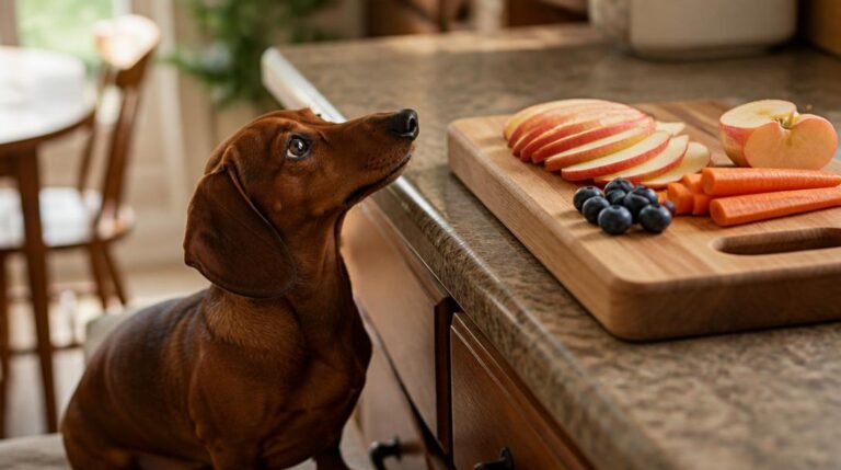 A red dachshund looks up curiously at a cutting board of sliced apple, carrots, and blueberries on a kitchen counter