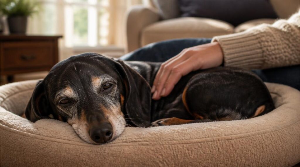 Senior dachshund resting peacefully in a dog bed while owner gently comforts them