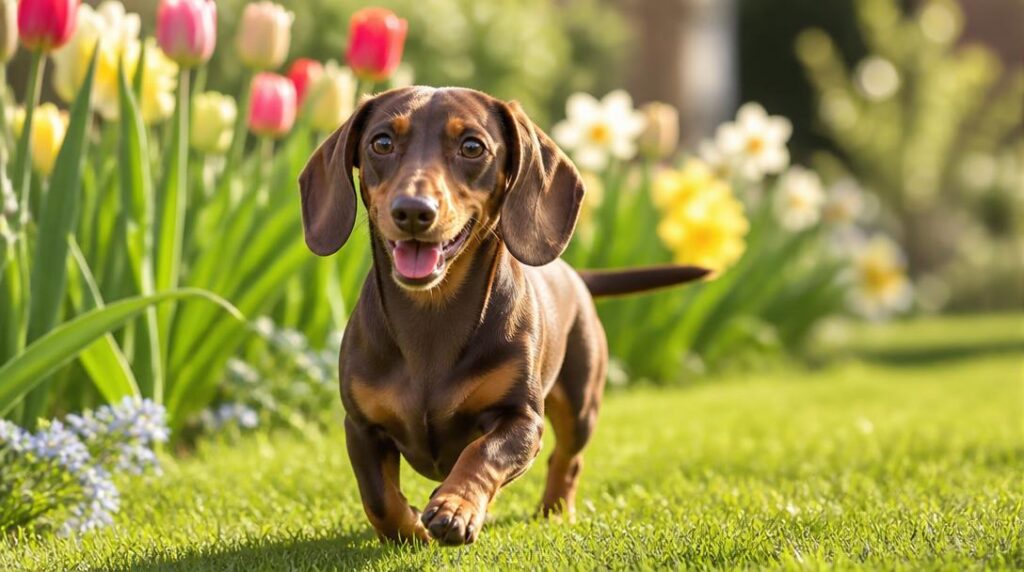 Smooth-coat dachshund walking happily through a spring garden with blooming tulips and daffodils