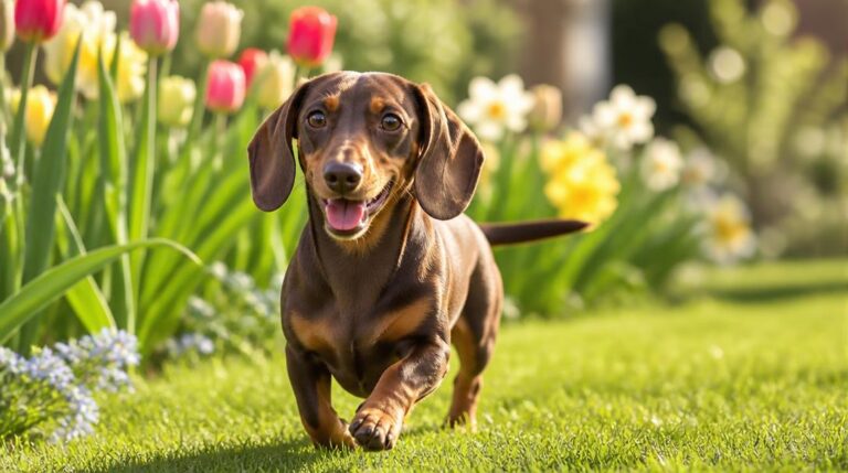 Smooth-coat dachshund walking happily through a spring garden with blooming tulips and daffodils