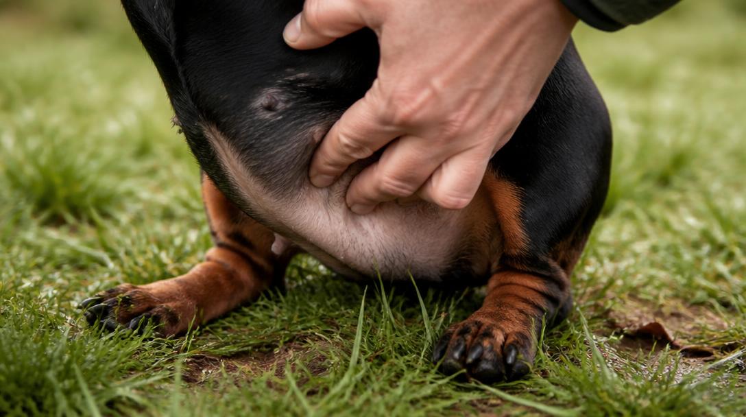 Owner checking a dachshund's belly and legs for ticks after a walk through spring grass