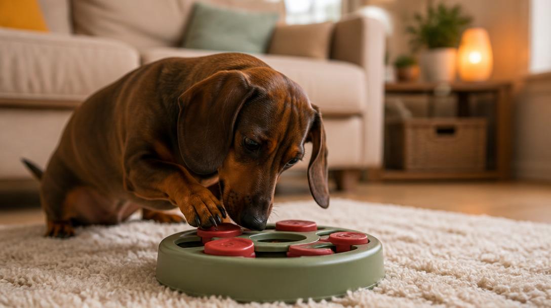 Dachshund nudging a treat-dispensing puzzle toy with its nose and paw on a living room rug