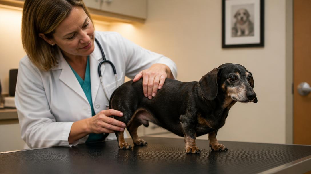 Veterinarian examining a senior dachshund's back and hips to check for pain versus cognitive confusion
