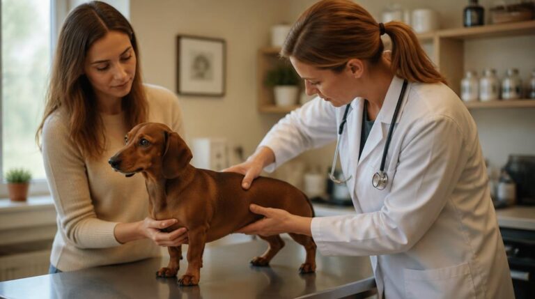 Veterinarian checking a dachshunds waistline and body condition during an exam while the owner looks on