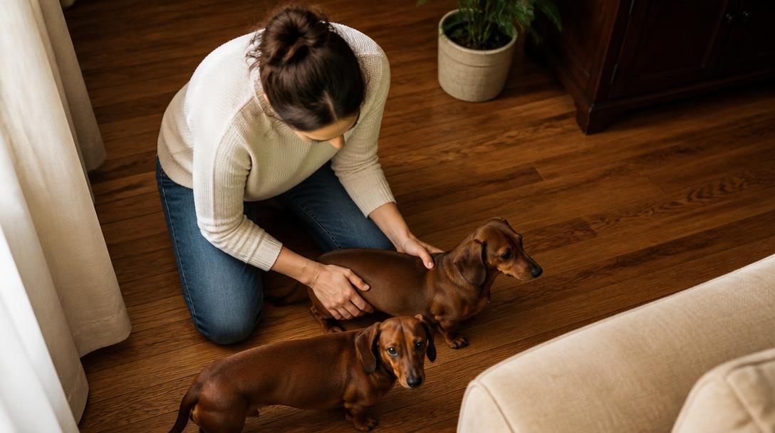 Owner kneeling to check her dachshunds waistline and body condition at home