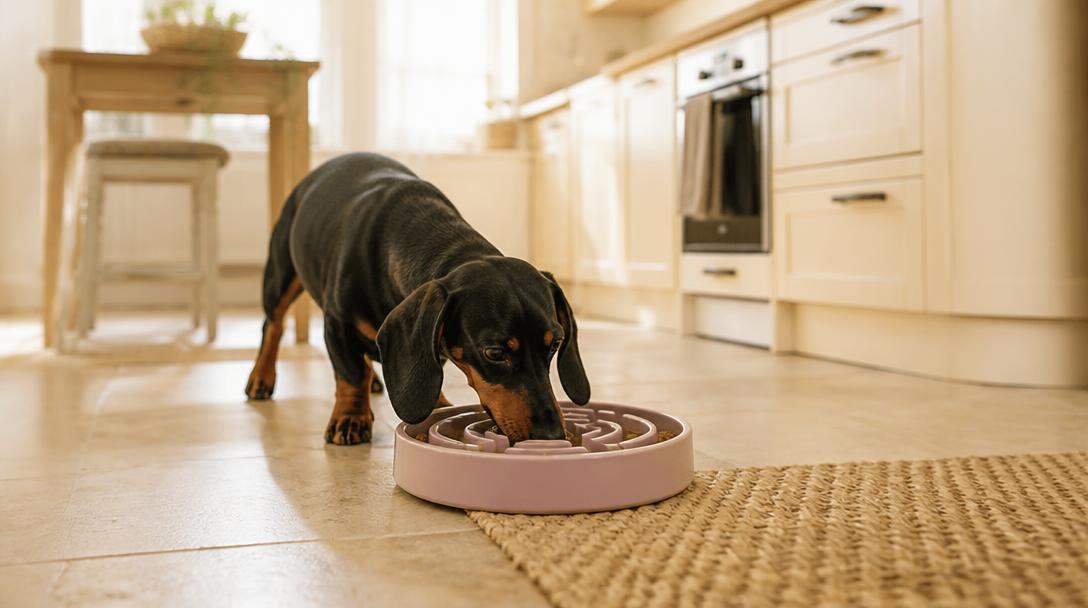 Dachshund eating slowly from a puzzle slow-feeder bowl in the kitchen