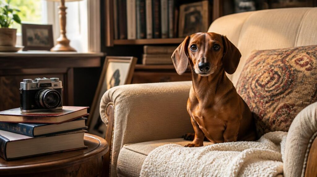 A dachshund sitting on a cozy armchair beside a vintage camera and stack of books, evoking the famous dachshunds throughout history and art