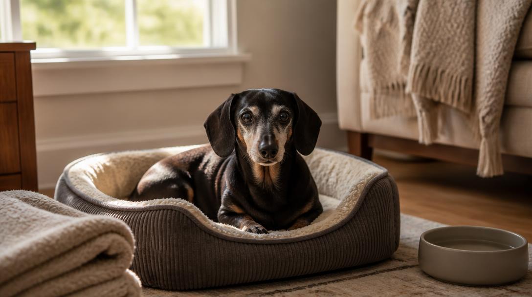 A senior dachshund resting calmly in a plush dog bed in a quiet, sunlit living room during the settling-in period after adoption