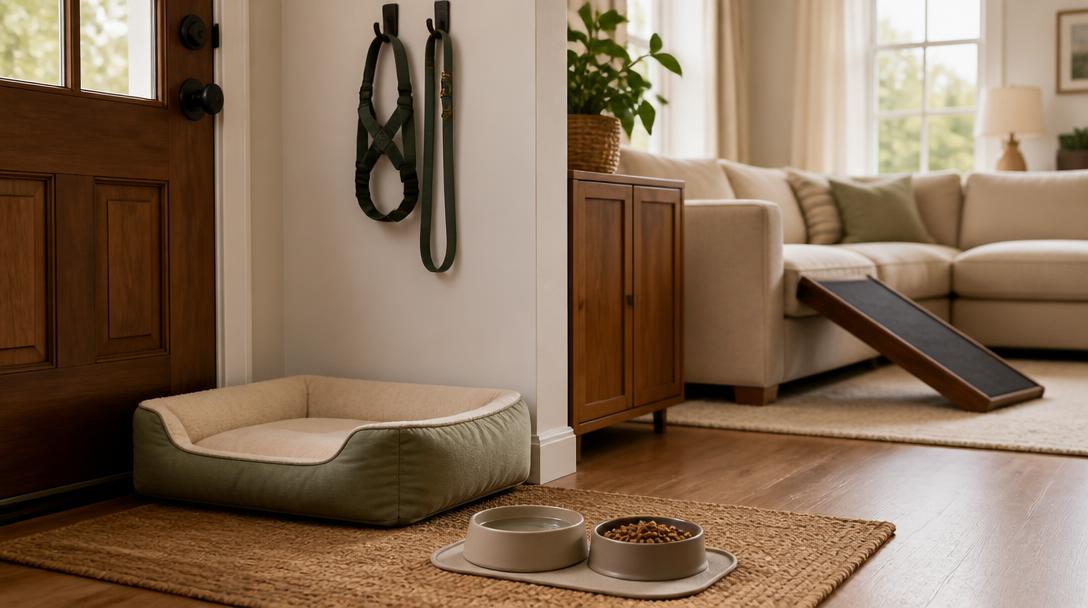 A prepared home entryway with a dog bed, food and water bowls, a harness and leash on hooks, and a pet ramp leading up to the couch