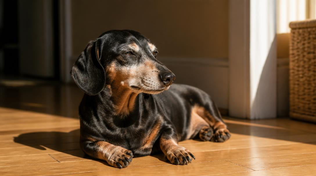 Senior dachshund resting contentedly in a sunlit spot at home, showing a healthy, long-lived dog in old age
